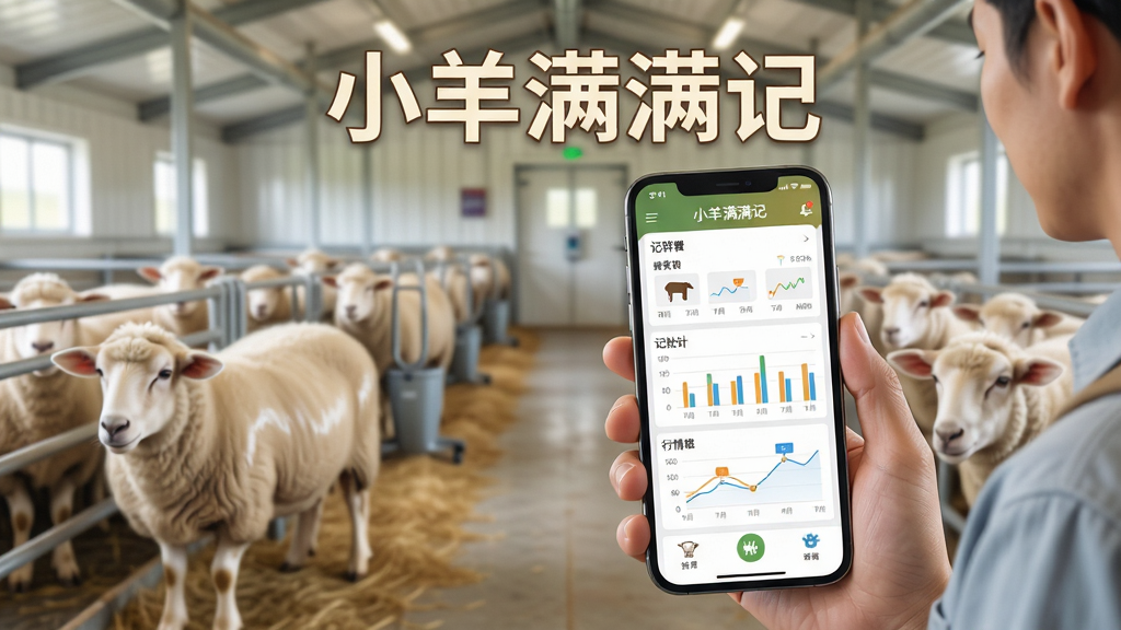 主体:一位现代羊场管理者手持智能手机,屏幕清晰显示“小羊满满记”主界面,界面中包含羊群列表、记账图表、行情曲线等元素。布局:前景为手机特写,背景为整洁的现代化羊舍与健康羊群,虚实结合。排版:手机位于画面中央偏右,文字“小羊满满记”以醒目标题置于手机屏幕上方,下方配以简洁操作图标。风格:写实与扁平化结合,色彩明亮温馨,突出科技感与农业的融合。细节:手机屏幕中的图表数据清晰可辨,羊群毛色光泽,环境干净整洁。画质:高清渲染,干净无多余元素。