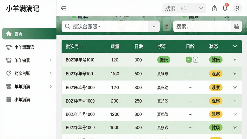 主体:“小羊满满记”APP的批次台账界面截图风格展示,界面内列表清晰显示不同批次的羊只编号、数量、日龄、状态等字段。布局:界面占据画面主要位置,左侧为侧边栏菜单,右侧为数据列表,顶部为搜索与筛选栏。排版:表格形式规整,表头深绿色背景,白色文字,数据行浅绿与白色相间。风格:扁平化UI设计,简洁清晰。细节:列表数据真实可信,状态标签颜色区分,如“健康”绿色、“观察”黄色。画质:高清,干净无多余元素。