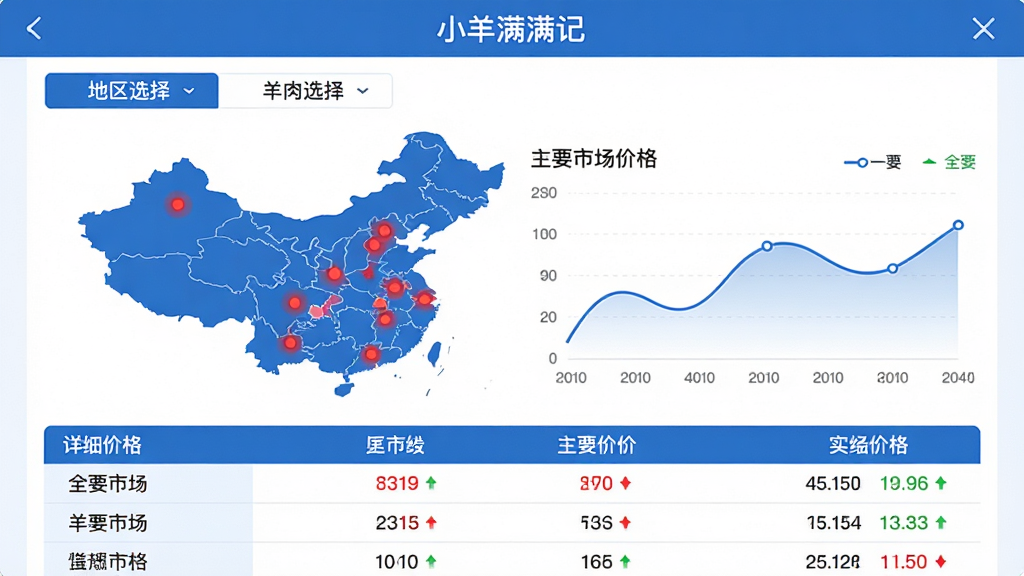 主体:“小羊满满记”APP的羊肉行情查询页面展示,页面包含全国地图标识与主要市场价格列表。布局:顶部为地区选择标签,中部为价格走势折线图,底部为详细价格表格。排版:地图上以红点标注主要市场,折线图平滑清晰,表格行距适中。风格:商务简洁风格,蓝色主调。细节:价格数据实时更新标注,涨跌用红绿色箭头表示。画质:高清,干净无多余元素。