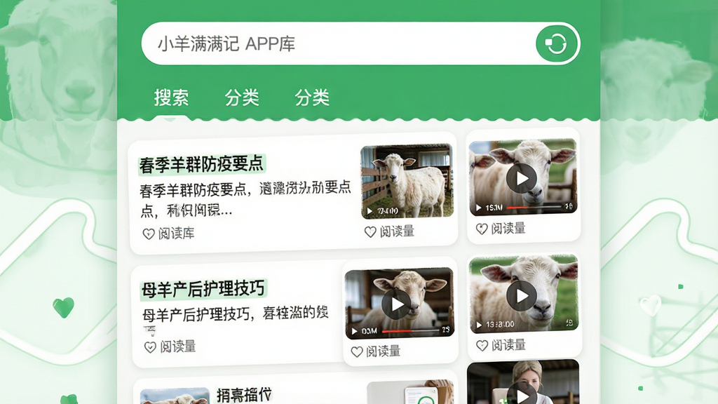 主体:“小羊满满记”APP的知识库界面,展示文章列表与视频缩略图。布局:上方为搜索框与分类标签,下方为卡片式信息流。排版:卡片包含标题、摘要、阅读量与封面图,错落有致。风格:清新阅读风格,绿色点缀。细节:文章标题如“春季羊群防疫要点”、“母羊产后护理技巧”清晰可见,视频缩略图带播放按钮。画质:高清,干净无多余元素。