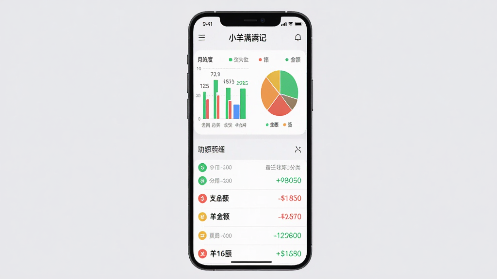 主体:“小羊满满记”APP的收支记账功能预览图,显示月度收支柱状图与饼图,以及最近几笔收支明细列表。布局:上方为图表区,下方为明细列表,整体纵向排布。排版:图表色彩鲜艳,柱状图与饼图交互展示,明细列表包含时间、分类、金额图标。风格:现代化数据可视化风格,背景浅灰。细节:图表数据标注清晰,明细条目完整,金额以红色支出绿色收入区分。画质:高清,干净无多余元素。
