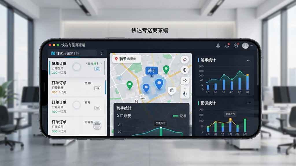 展示快达专送商家端软件主界面,界面清晰显示订单列表、骑手位置地图和配送统计图表,背景为现代简约的办公环境,手机屏幕中突出“快达专送商家端”字样,整体风格科技感强,画质高清,干净无多余元素