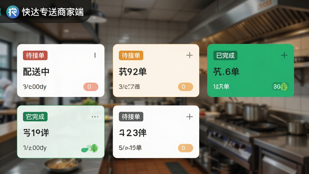 快达专送商家端订单管理界面截图,屏幕上显示多个订单卡片,状态标签分别为待接单、配送中、已完成,卡片布局整齐,色彩鲜明,背景为模糊的餐饮店厨房场景,突出“快达专送商家端”品牌标识,画面干净清晰