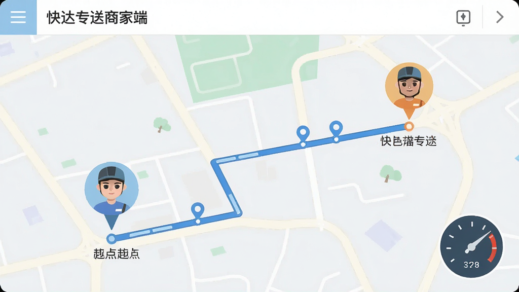 快达专送商家端地图追踪界面,显示骑手头像和配送路线,地图风格为扁平化设计,标注起点和终点,界面右下角有速度仪表盘图标,整体色调清爽,文字标识“快达专送商家端”清晰可见,画质高清