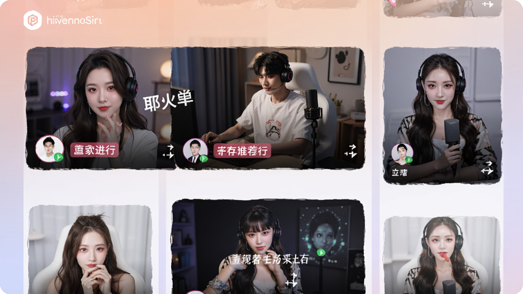 耶火live应用智能推荐界面预览图,设计为瀑布流布局,展示多个不同风格的主播直播间封面,每个卡片都清晰显示主播头像与正在进行的直播内容标签,背景为柔和的渐变色,排版整齐,画质高清,无多余元素