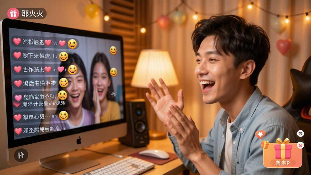 一张耶火live直播间内的互动场景图,主播正在与观众热情互动,屏幕上飘过带有爱心和笑脸的弹幕,界面右下角有礼物打赏的图标,整体色彩温暖,氛围欢乐,画质清晰,无多余元素