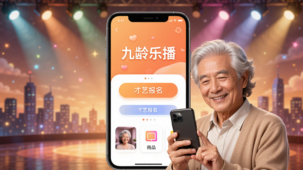 一张温暖明亮的宣传海报,主体为“九龄乐播”APP界面截图与 smiling 的银发夫妇使用手机,背景是多彩舞台灯光与城市剪影,整体布局采用居中对称,风格写实温馨,细节包括屏幕上的才艺报名按钮和商品橱窗图标,画质高清干净,无多余杂乱元素。