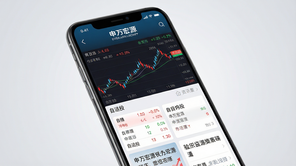 画面主体为一部智能手机屏幕,屏幕上清晰显示“申万宏源”APP的首页界面,界面包含股票行情走势图、自选股列表和资讯卡片。布局采用居中构图,手机略微倾斜,背景为浅灰色渐变,突出手机屏幕内容。排版简洁,风格写实且具有科技感,细节包括屏幕上的红色绿色涨跌数据、清晰的图表线条。画质高清,干净,无多余元素。