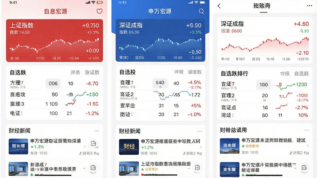 主体为“申万宏源”APP的首页界面截图,布局以卡片式信息流为主,上半部分展示上证指数、深证成指等核心指数行情,中间穿插自选股涨跌排行,下半部分为财经新闻资讯列表。排版采用上下滚动式,整体风格简洁明快,以白色为底色,搭配红色和蓝色的数据高亮。细节包括每个卡片中的股票名称、代码、涨跌幅百分比数字。画质高清,干净,无多余元素。
