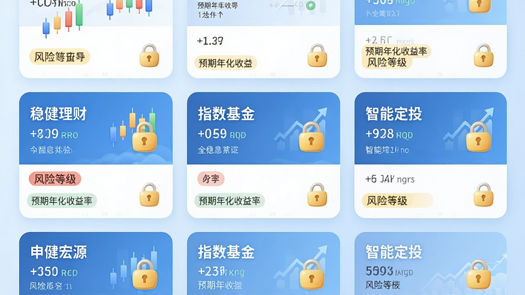 图片主体为“申万宏源”APP的理财服务页面,展示多种理财产品卡片,如“稳健理财”、“指数基金”、“智能定投”等。布局采用网格形式,每个卡片上有产品名称、预期年化收益率和风险等级标签。背景为浅蓝色渐变,风格清新专业。细节包括卡通的K线图图标、金色的小锁图标表示安全。画质高清,干净,无多余元素。