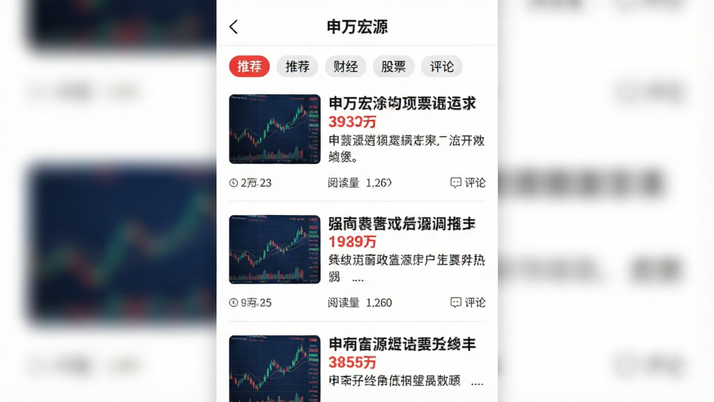 主体为“申万宏源”APP的资讯页面,以信息流形式展示各类财经新闻标题和摘要,每条资讯配有缩略图。布局为单列瀑布流,风格现代简约,白色背景,黑色文字,关键数字用红色标出。细节包括“推荐”、“财经”、“股票”等分类标签栏,每篇资讯下方有阅读量与评论数。画质高清,干净,无多余元素。