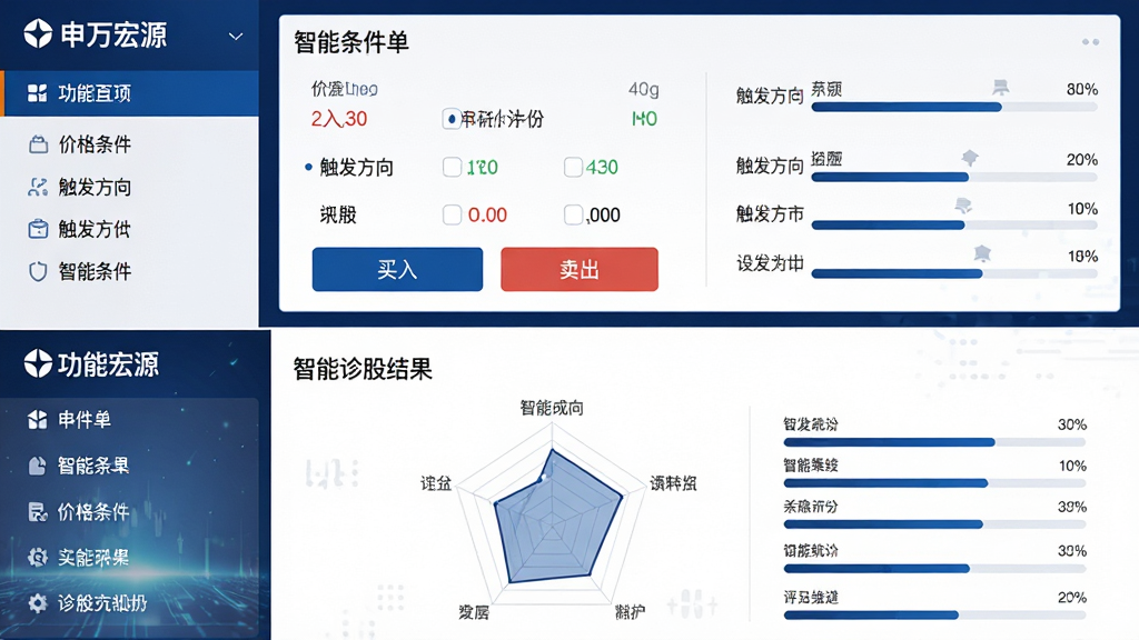 主体为“申万宏源”APP智能工具功能界面,分为上下两部分,上半部分展示智能条件单的设置界面,包含价格条件、触发方向等选项,下半部分展示智能诊股结果,以雷达图或评分形式呈现。布局左右分栏,左半部分为功能列表,右半部分为详情展示。风格偏商务科技,以深蓝色和白色为主色调,数据图表清晰。细节包括条件单的“买入”“卖出”按钮,诊股维度的进度条。画质高清,干净,无多余元素。