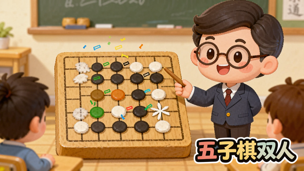 主体为一位卡通老师形象正在棋盘前向学生讲解五子棋技巧,棋盘上有彩色标记的落子点,画面右下角有