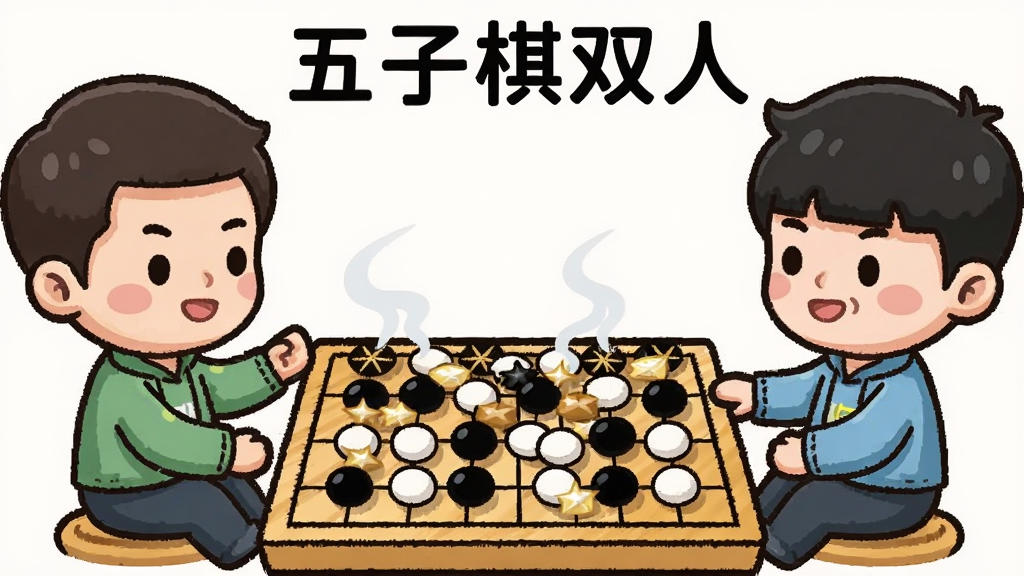 主体为两个卡通风格棋手面对面坐在棋盘两侧,中间摆放黑白棋子交错排列的棋盘,上方标有