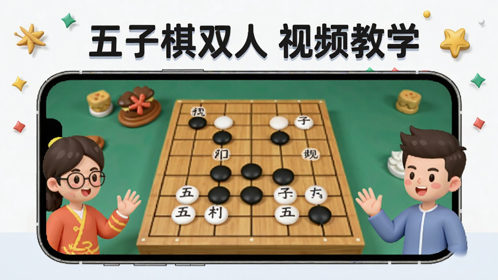 主体为手机屏幕播放五子棋教学视频,画面中显示棋盘和落子动画,周围有棋手卡通人物讲解,上方有