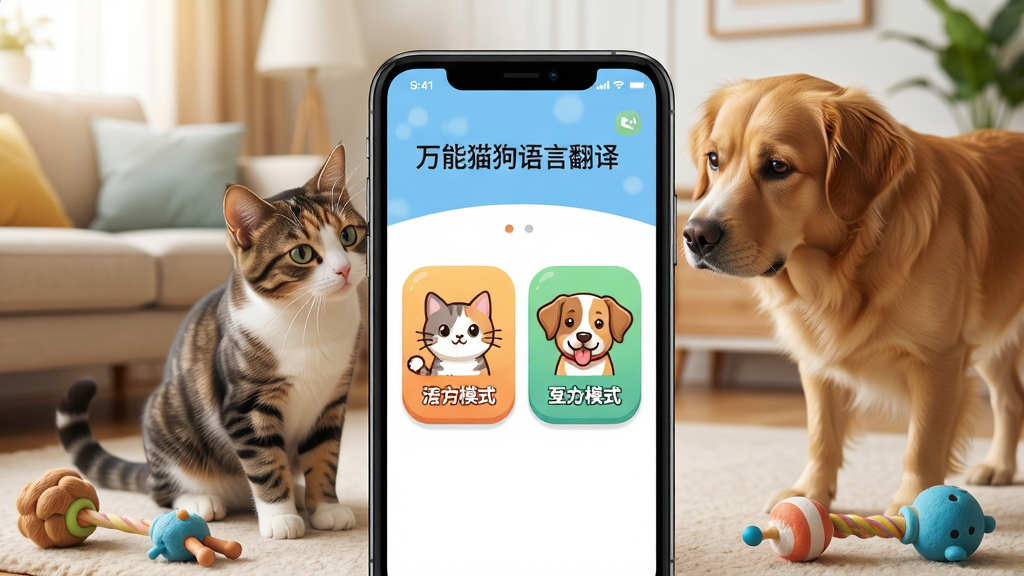 一张展示万能猫狗语言翻译软件核心界面的高清宣传图,画面主体为手机屏幕特写,屏幕中清晰显示猫咪和狗狗两个互动模式按钮,界面风格卡通可爱,色彩明快。背景是温馨明亮的客厅,一只猫咪和一只狗狗好奇地凑近手机,布局以手机为中心,周围散落着宠物玩具。排版采用居中构图,突出软件界面,风格为写实与卡通结合,细节丰富,画质清晰干净,无多余元素。