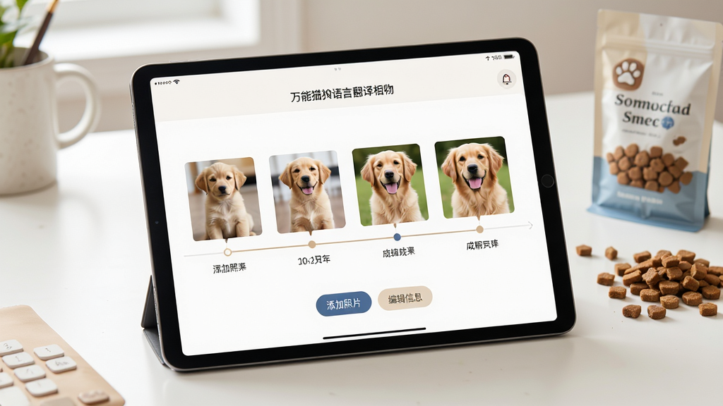 万能猫狗语言翻译宠物相册管理功能展示图,画面主体为平板电脑屏幕,屏幕上展示着一只金毛犬从幼年到成年的照片时间轴。界面设计简洁,有“添加照片”、“编辑信息”按钮。背景是干净的书桌,旁边放着宠物零食。布局为时间线式,风格简约温馨,细节真实,画质高清,无多余元素。