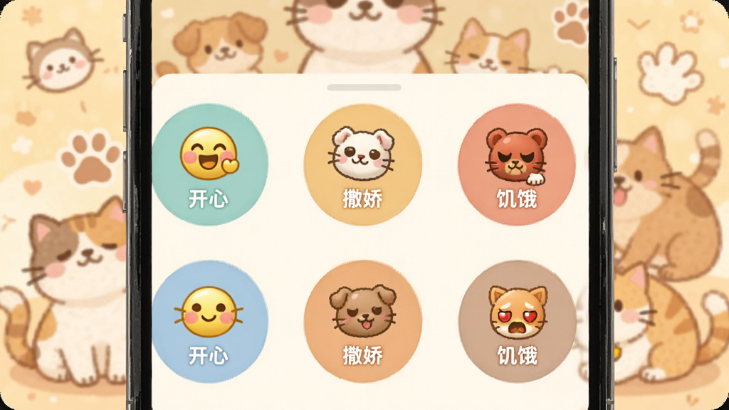 万能猫狗语言翻译情绪音效界面截图,画面主体为手机屏幕,屏幕中排列着多个圆形音效按钮,每个按钮上配有表情符号和文字标签如“开心”、“撒娇”、“饥饿”。背景是温暖可爱的宠物主题插画。布局为网格状排列,风格清新卡通,细节丰富,画质清晰,无多余元素。
