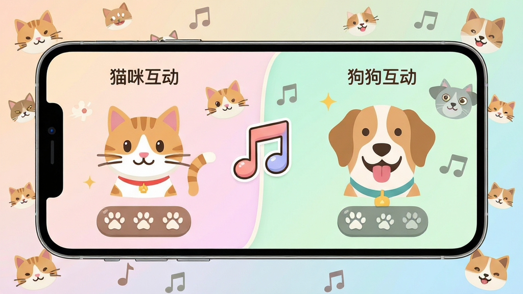 万能猫狗语言翻译应用功能预览图,画面主体为手机横屏界面,左侧是“猫咪互动”界面,右侧是“狗狗互动”界面,中间用卡通音符连接。界面设计圆润,按钮上有猫爪和狗爪图案。背景是柔和渐变色,点缀着猫狗表情符号。布局为左右分屏,风格扁平化,细节精致,画质干净,无多余元素。