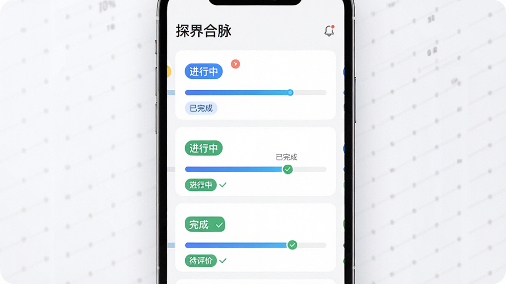 主体:手机界面展示“探界合脉”订单列表,有“进行中”“已完成”“待评价”等状态标签,每个订单卡片显示进度条。布局:多卡片纵向排列,屏幕中央显示。排版:信息密集但清晰,状态用不同颜色区分。风格:数据可视化风格,简洁现代。细节:进度条为蓝色,已完成订单打绿色对勾。画质:高分辨率,干净无多余。