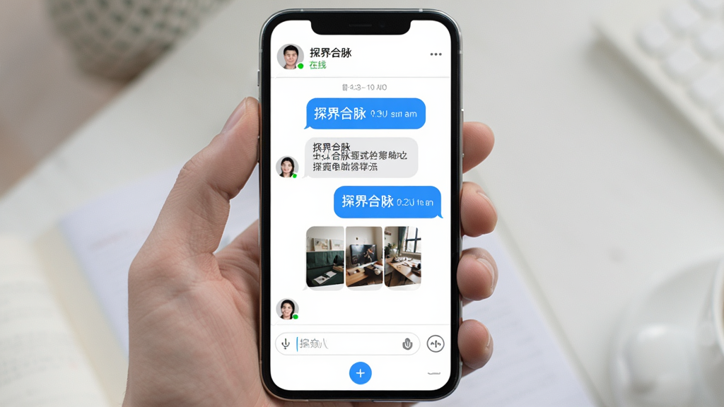 主体:手机屏幕展示“探界合脉”聊天界面,显示对话气泡,包含文字和图片文件,底部有输入框。布局:手机竖屏,聊天背景为白色,气泡有蓝色和灰色区分。排版:消息时间线清晰,输入框下方有“+”号按钮。风格:社交软件风格,友好亲切。细节:顶部显示对方头像和“在线”状态。画质:细腻,无多余元素。