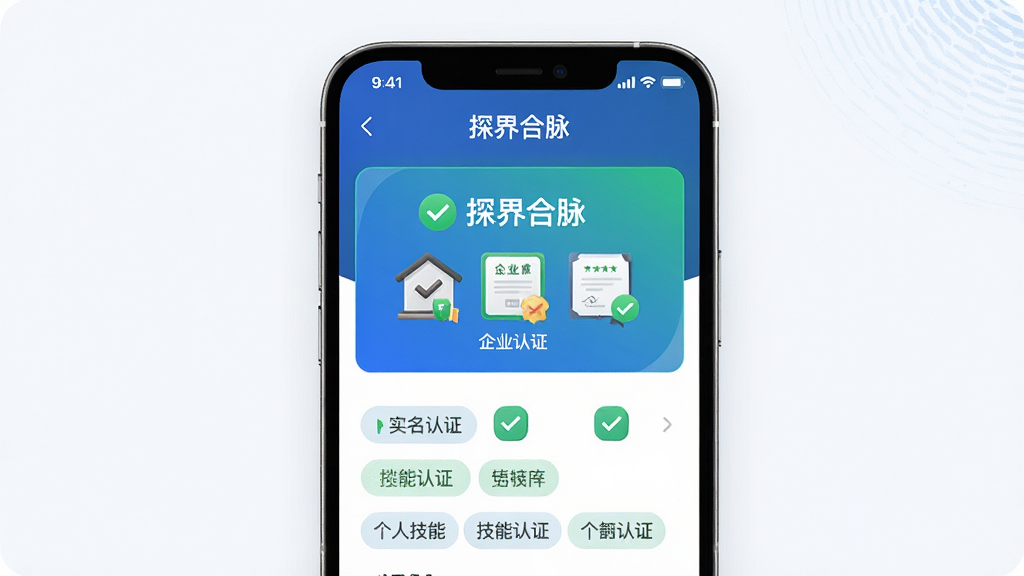 主体:手机屏幕展示“探界合脉”个人资料页,显示已认证标志、企业资质证书图标和个人技能标签。布局:手机竖屏居中,背景为浅白色,画面简洁。排版:信息分层展示,认证区域高亮。风格:专业稳重,蓝色与绿色点缀。细节:有“实名认证”“企业认证”“技能认证”三个绿色对勾图标。画质:超清,无多余元素。