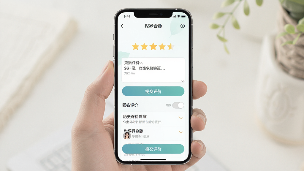 主体:手机界面展示“探界合脉”评价页面,有星级评分、文字评价输入框,以及“提交评价”按钮。布局:手机居中,背景柔和浅色。排版:评分星星居中,评价区域下方。风格:简约清新。细节:显示“匿名评价”开关,以及历史评价列表。画质:高清干净。