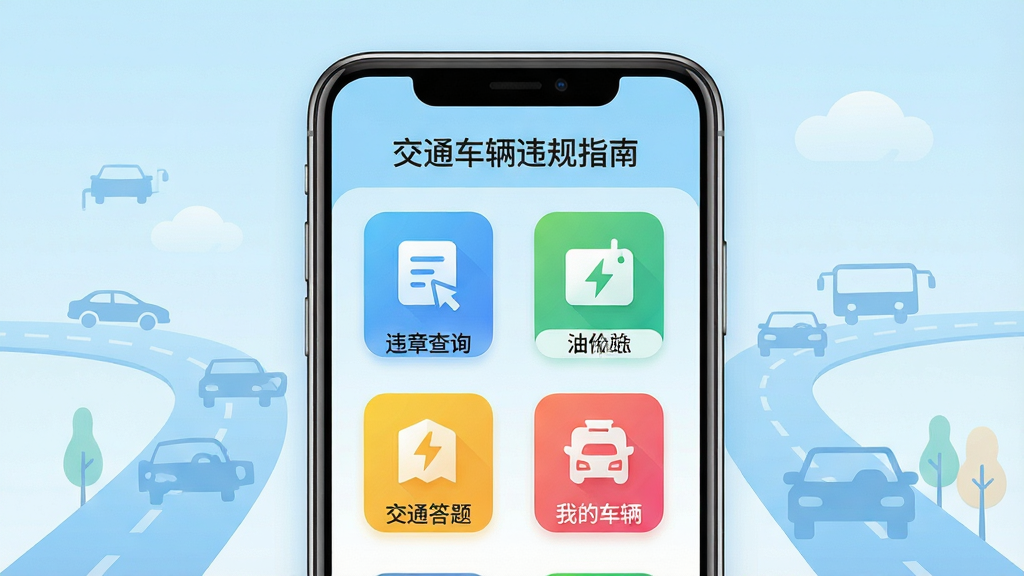 画面中央展示一款智能手机,屏幕中显示“交通车辆违规指南”APP主界面,界面包含违章查询、油价信息、交通答题、我的车辆等彩色功能图标,背景为简洁的浅蓝色渐变,搭配道路与汽车剪影元素,整体风格清新明快,现代扁平化设计,细节丰富,画质高清,干净无多余元素。