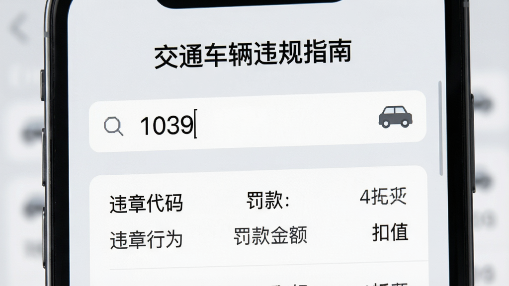 手机屏幕特写,显示“交通车辆违规指南”的代码查询界面,搜索框输入“1039”,下方清晰列出违章代码、违章行为、罚款金额、扣分分值,背景为淡灰色,界面简洁明了,配有小汽车图标,现代商务风格,排版规整,画质干净,无多余元素。