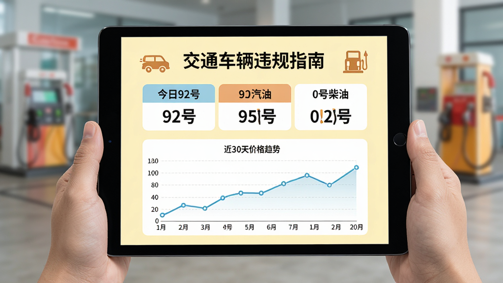 平板电脑上显示“交通车辆违规指南”的油价页面,展示今日92号、95号汽油和0号柴油价格,下方有折线图展示近30天价格趋势,背景为浅黄色,配以加油站图标,风格简约清晰,数据图表直观,画质高清,无多余元素。
