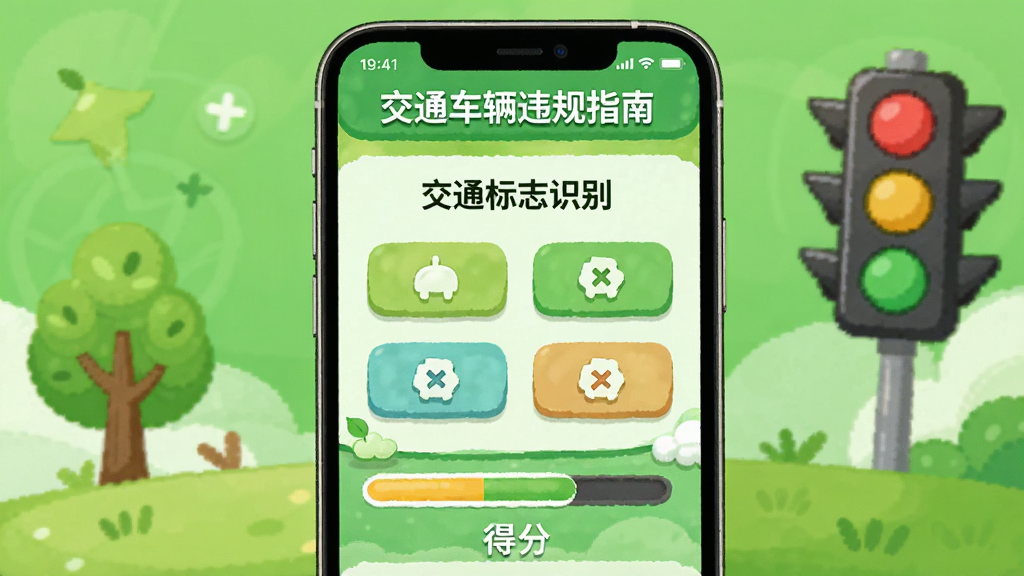 手机界面展示“交通车辆违规指南”的答题闯关页面,屏幕上有“交通标志识别”题目和四个选项,下方是进度条和得分,背景为绿色健康色调,配有小树和红绿灯图标,风格活泼有趣,插画风格,画质清晰,无多余元素。