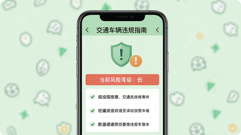 手机展示“交通车辆违规指南”的风险评估结果页面,显示“当前风险等级:低”,并列出三条建议,背景为浅绿色,配以盾牌和感叹号图标,风格简约安全,排版清晰,画质干净,无多余元素。
