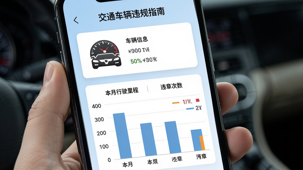 手机屏幕显示“交通车辆违规指南”的月度报告页面,上方为车辆信息卡片,下方为柱状图展示本月行驶里程和违章次数,背景为浅蓝色,风格商务简洁,配以汽车仪表盘图标,数据可视化清晰,画质干净,无多余元素。