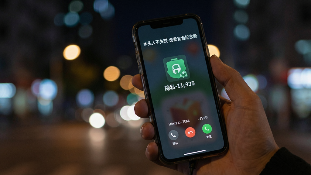 一位用户手持手机正在拨打加密电话,屏幕显示“木头人不失联-恋爱复合纪念册”通话界面,背景为模糊的城市夜景,手机屏幕亮起显示隐私号码保护图标,构图采用特写镜头,风格写实,细节丰富,画质高清,干净无多余元素