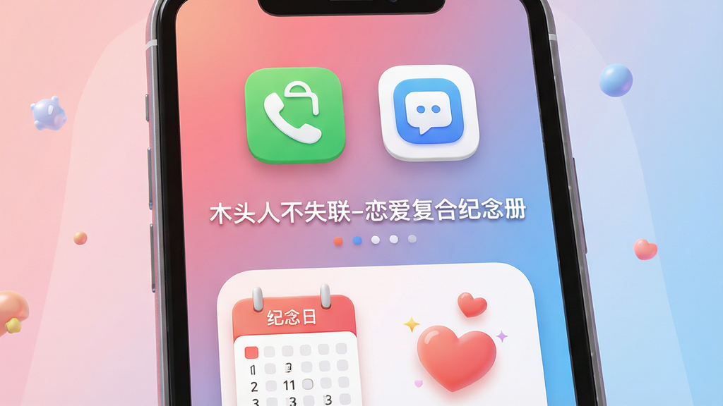 一幅展示手机屏幕的3D渲染图,屏幕中央显示“木头人不失联-恋爱复合纪念册”应用界面,上方是加密通话图标和隐私短信图标,下方是纪念日日历与爱心元素,整体采用温馨的粉蓝渐变色调,布局居中,风格现代简洁,细节清晰,画质高清,干净无多余元素