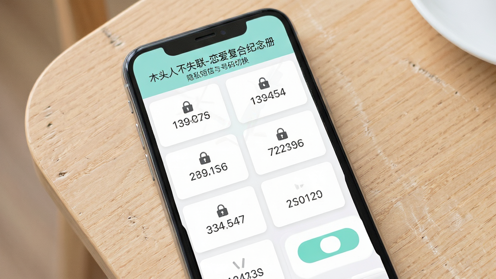 手机屏幕展示“木头人不失联-恋爱复合纪念册”的隐私短信与号码切换界面,屏幕上排列多个虚拟号码卡片,背景为简约木纹桌面,布局清晰,风格清新,细节包括加密锁图标与号码切换按钮,画质高清,干净无多余元素