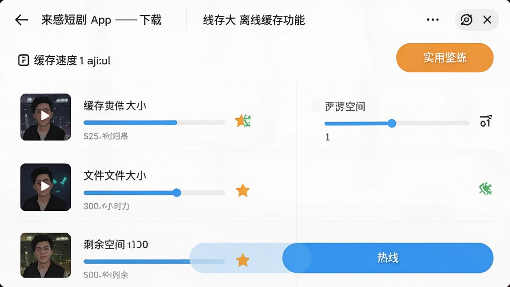主体:来感短剧App离线缓存功能界面,显示下载列表;布局:列表清晰,每个文件带进度条和状态图标;排版:简洁明了,按钮醒目;风格:实用简约;细节:缓存速度、文件大小、剩余空间可见;画质:高清渲染,干净无多余元素