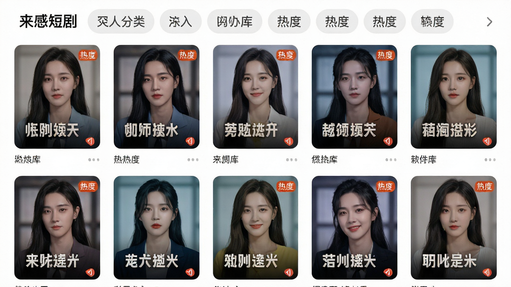 主体:来感短剧App内容库界面,分类标签排列;布局:网格状排列剧集封面,上方横排分类栏;排版:清晰有序,封面图精致;风格:清新简洁;细节:每个封面显示剧名和热度标记;画质:高清渲染,干净无多余元素