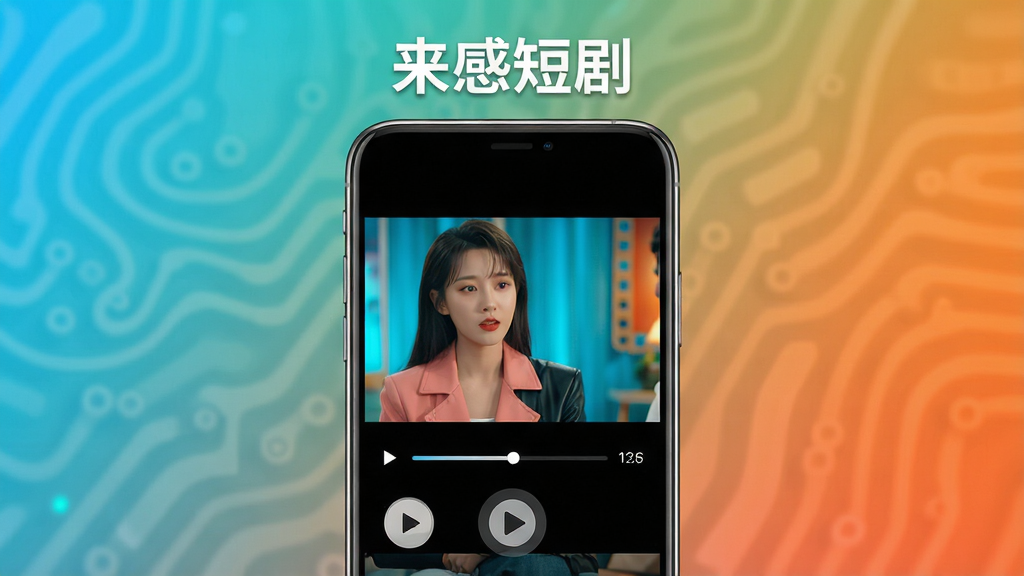 主体:来感短剧App界面展示,手机屏幕播放热门短剧画面,画面清晰色彩饱满;布局:手机居中,屏幕内容突出,背景为渐变色;排版:简洁大方,文字“来感短剧”置于手机上方;风格:现代科技感与影视感结合;细节:播放按钮、进度条、清晰字幕可见;画质:高清渲染,干净无多余元素