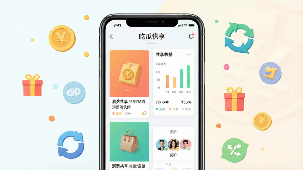 主体:一部亮着屏幕的智能手机,屏幕上显示“吃瓜供享”APP界面,界面中有商品瀑布流、共享收益图表、用户头像等元素;布局:手机居中,周围环绕着金币、礼物、共享循环箭头等小图标;排版:手机大图置于视觉中心,四周图标错落有致;风格:现代简约,扁平化设计,色彩明亮活泼;细节:屏幕内显示“消费共享”字样,界面干净无多余文字;画质:高清渲染,干净,无多余元素