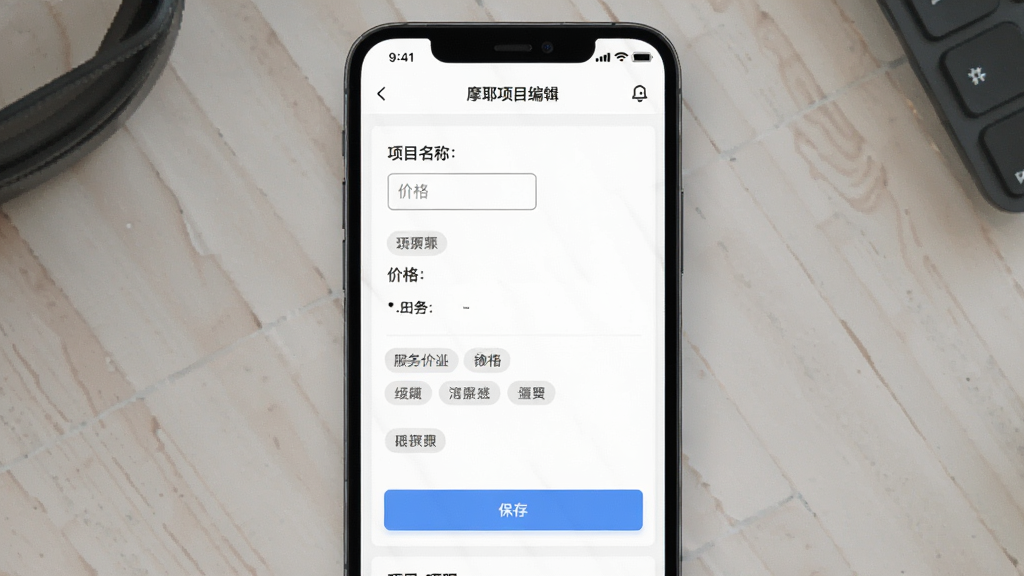 摩耶商家端项目管理界面图,主体为手机屏幕展示服务项目编辑页面,布局规整,包含项目名称、价格输入框,风格清爽,细节有分类标签、保存按钮,画质高清干净无多余元素