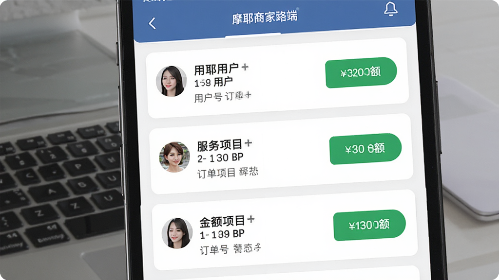 摩耶商家端订单处理界面图,主体为手机屏幕显示订单列表,布局清晰,每行订单含用户信息、服务项目、状态按钮,风格简洁商务,细节有订单编号、金额,画质干净无多余元素