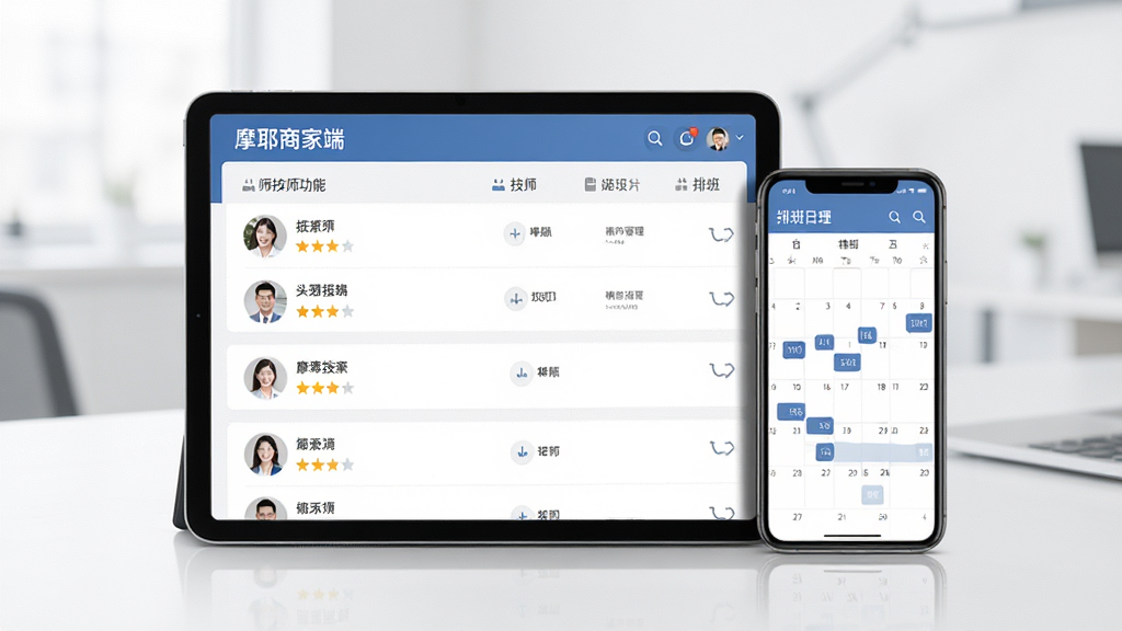 摩耶商家端技师管理功能展示图,主体为平板电脑与手机并排,屏幕显示技师列表与排班日历,布局合理,排版简洁,风格商务清新,细节包含技师头像、星级评分,画质清晰干净无多余元素
