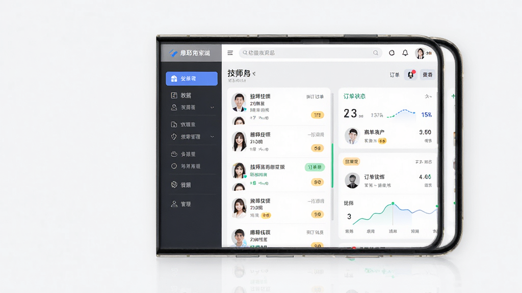 摩耶商家端app界面预览图,主体为智能手机屏幕展示商家管理后台,布局清晰,左侧功能菜单,右侧数据看板,风格现代简约,细节包含技师列表、订单状态标签,画质高清干净无多余元素