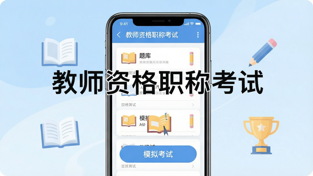 主体:教师资格职称考试APP界面,手机屏幕显示题库列表和模拟考试按钮,背景为浅蓝色渐变,布局居中,排版简洁,风格扁平化插画,细节包含书本、铅笔、奖杯图标,画质高清,干净,无多余元素,文字标注“教师资格职称考试”