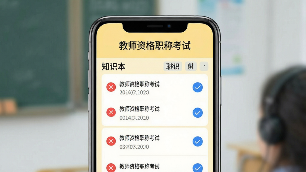主体:教师资格职称考试APP错题本界面,手机屏幕显示错题列表和知识点标签,背景为浅黄色,布局居中,排版有序,风格简约,细节包含红色叉号和蓝色对勾图标,画质高清,干净,无多余元素,文字标注“教师资格职称考试”