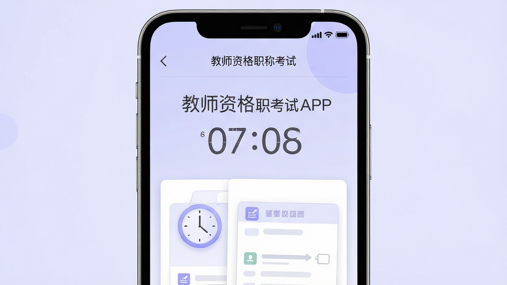 主体:教师资格职称考试APP模拟考试界面,手机屏幕显示倒计时和答题卡,背景为浅紫色,布局居中,排版清晰,风格极简,细节包含时钟和答题卡图标,画质高清,干净,无多余元素,文字标注“教师资格职称考试”