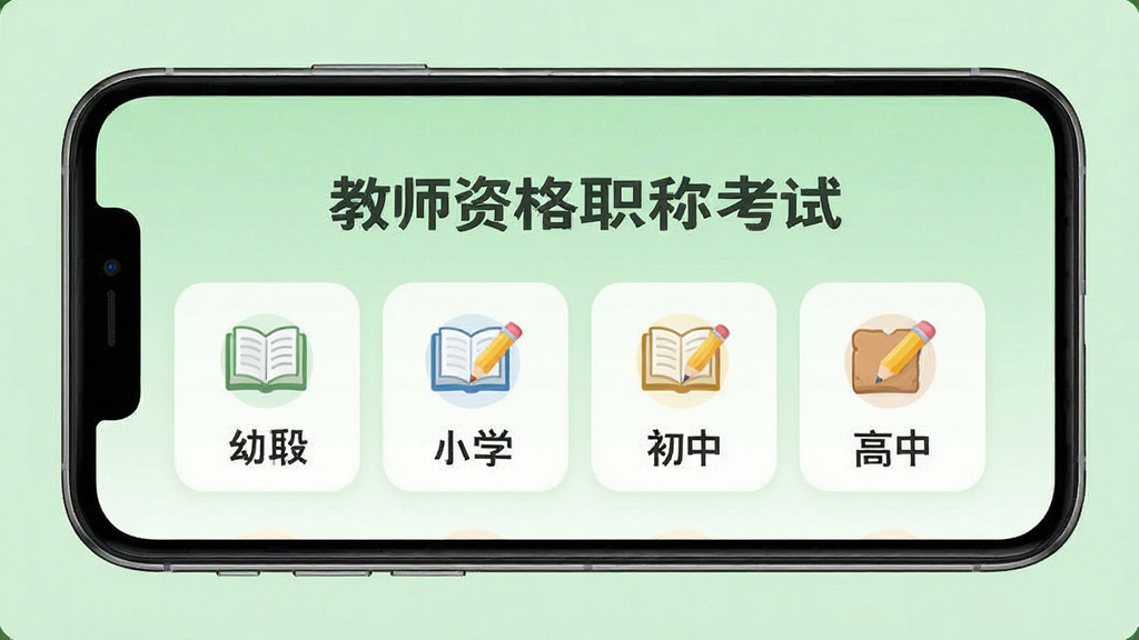 主体:教师资格职称考试APP题库页面,手机屏幕显示幼儿园、小学、初中、高中四个学段选项,背景为浅绿色,布局居中,排版清晰,风格简洁,细节包含书本和铅笔图标,画质高清,干净,无多余元素,文字标注“教师资格职称考试”