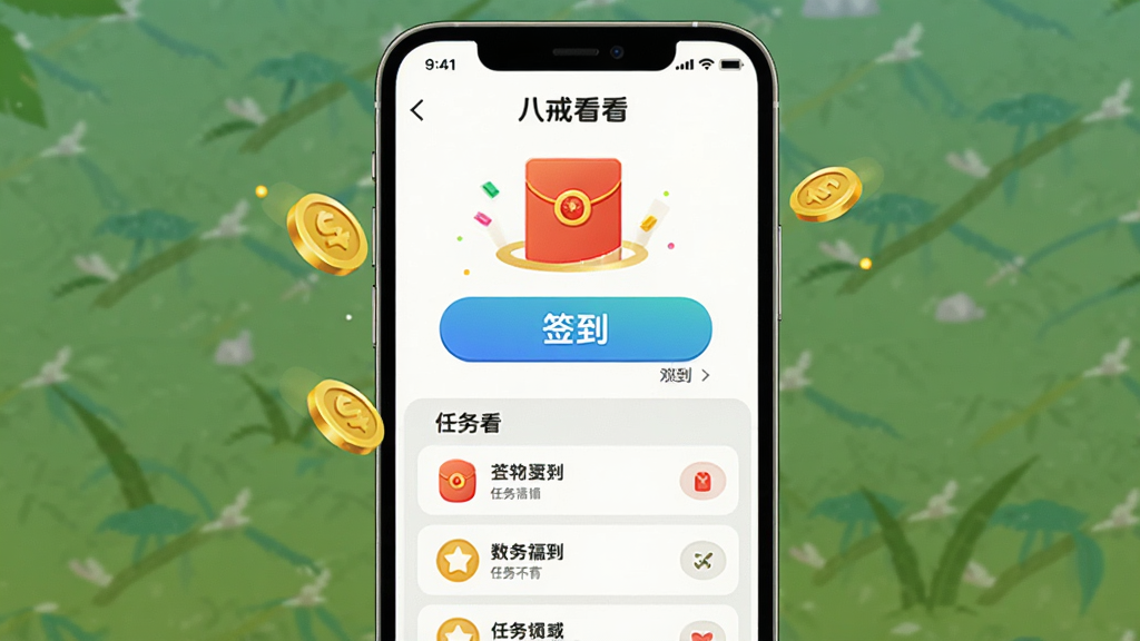 展示“八戒看看”App的福利活动页面,主体为手机屏幕,屏幕内显示签到按钮、红包图标和任务列表,布局简洁,风格活泼,细节包含金币动画,画质清晰,干净无多余元素
