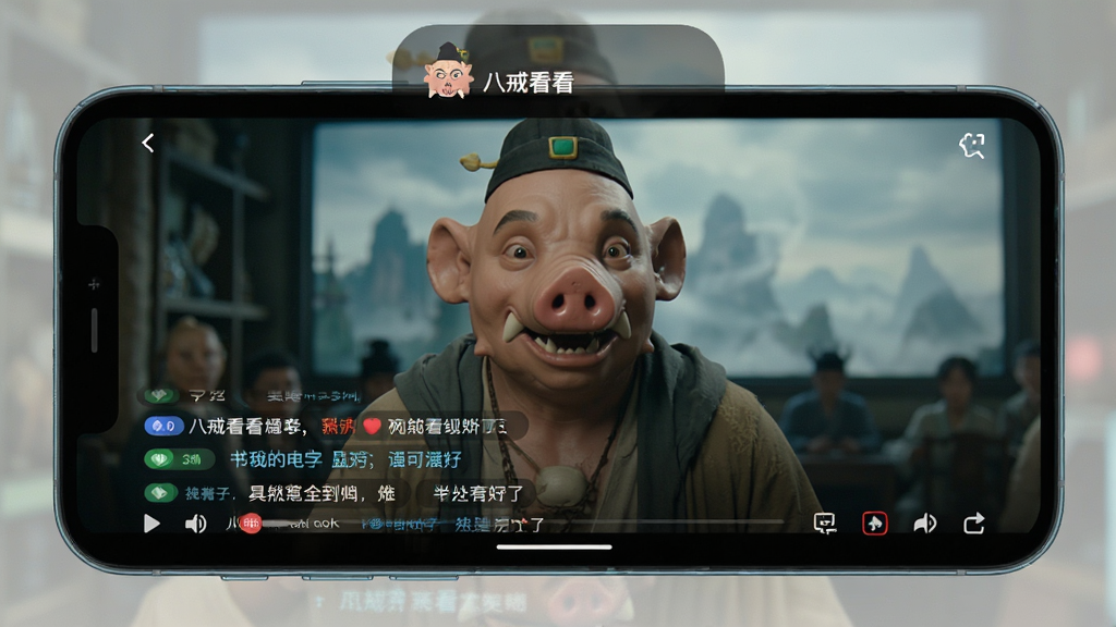 展示“八戒看看”App的全屏播放界面,主体为手机屏幕,屏幕内显示高清视频画面和弹幕,布局全屏,风格影院感,细节包含清晰画质,画质清晰,干净无多余元素